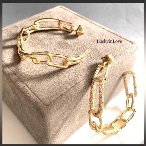 ALEXIS BITTAR NEW Gold Textured Crystal Custom Sculpted Chain Link Hoop Earrings - Picture 8 of 15